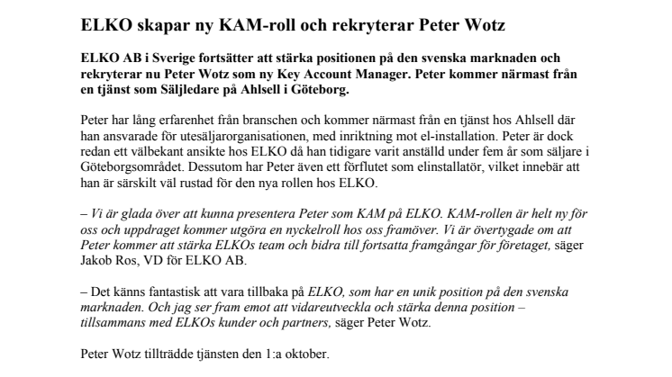 ELKO skapar ny KAM-roll och rekryterar Peter Wotz