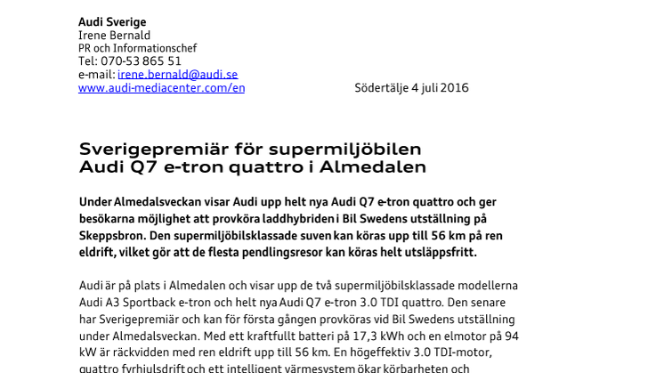 Sverigepremiär för supermiljöbilen Audi Q7 e-tron quattro i Almedalen