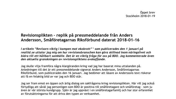 Revisionsplikten – replik på pressmeddelande från Anders Andersson, Småföretagarnas Riksförbund daterat 2018-01-16