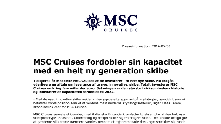 MSC Cruises fordobler sin kapacitet med en helt ny generation skibe 