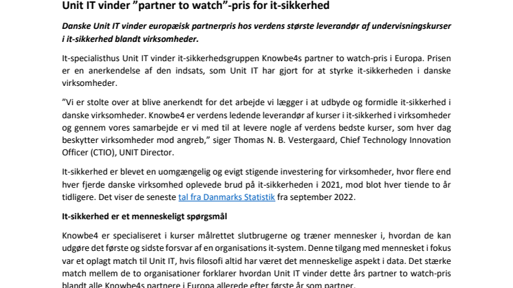 Unit IT vinder ”partner to watch”-pris for it-sikkerhed