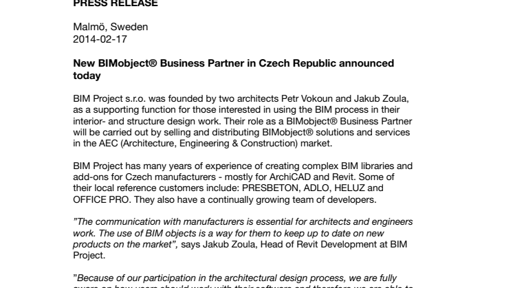 New BIMobject® Business Partner in Czech Republic announced today