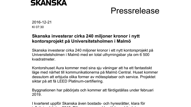 Skanska investerar cirka 240 miljoner kronor i nytt kontorsprojekt på Universitetsholmen i Malmö