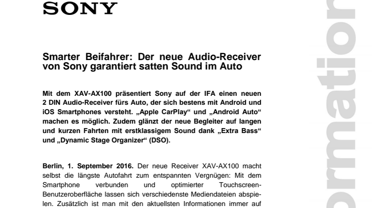 Smarter Beifahrer: Der neue Audio-Receiver von Sony garantiert satten Sound im Auto 