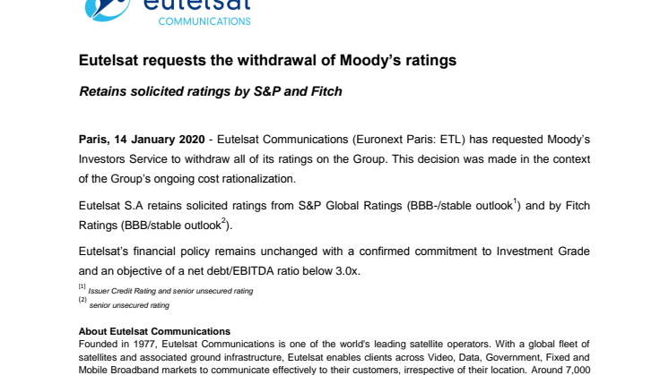 Eutelsat requests the withdrawal of Moody’s ratings