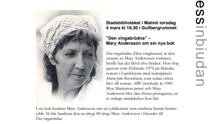 Stadsbiblioteket i Malmö: ”Den vingabrödna” – Mary Andersson om sin nya bok