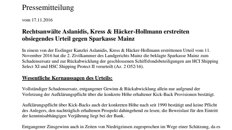 Rechtsanwälte Aslanidis, Kresse & Häcker-Hollmann erstreiten obsiegendes Urteil gegen Sparkasse Mainz