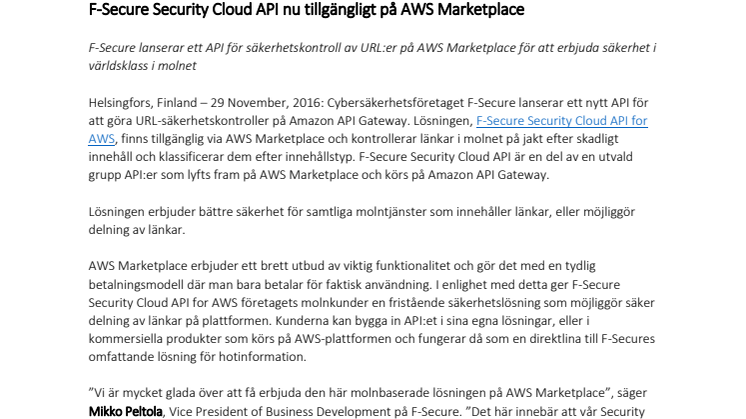 F-Secure Security Cloud API nu tillgängligt på AWS Marketplace