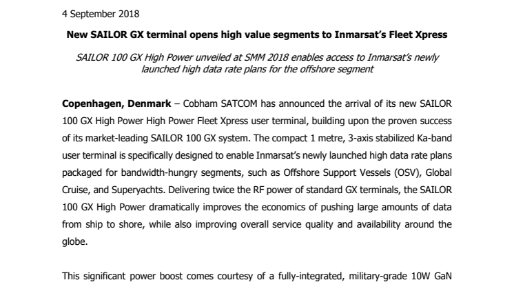 Cobham SATCOM - SMM 2018: New SAILOR GX terminal opens high value segments to Inmarsat’s Fleet Xpress 