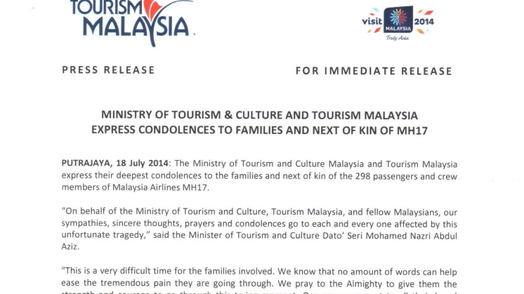 Ministry of Tourism & Culture and Tourism Malaysia Express condolences to families and next of kin of MH17