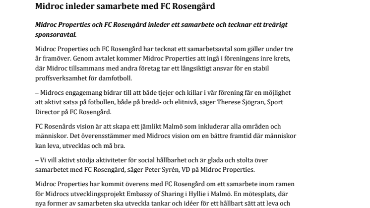 Midroc inleder samarbete med FC Rosengård