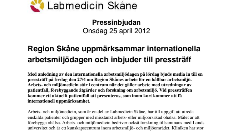 Region Skåne uppmärksammar internationella arbetsmiljödagen och inbjuder till pressträff