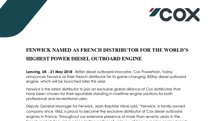 Cox Powertrain: Fenwick Named as French Distributor for the World's Highest Power Diesel Outboard Engine