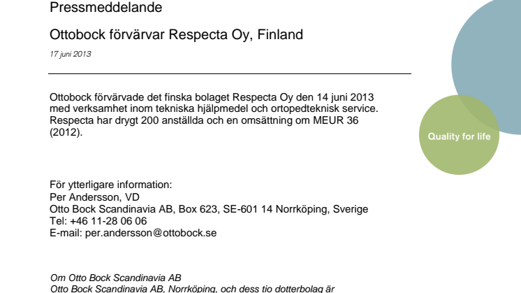 Ottobock förvärvar Respecta Oy, Finland