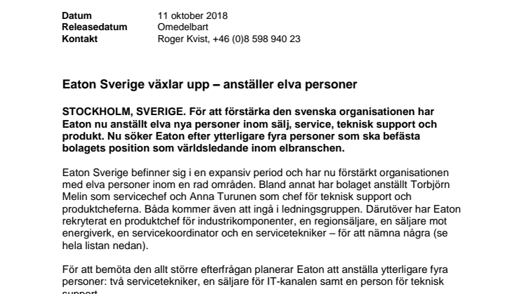 Eaton Sverige växlar upp – anställer elva personer 