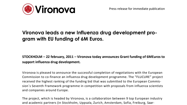 Vironova leads a new Influenza drug development program with EU funding of 6M Euros