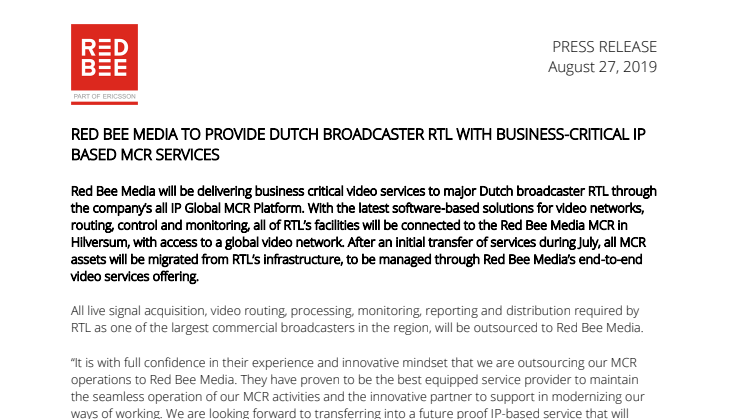 Red Bee Media to provide Dutch Broadcaster RTL with Business-Critical IP Based MCR Services