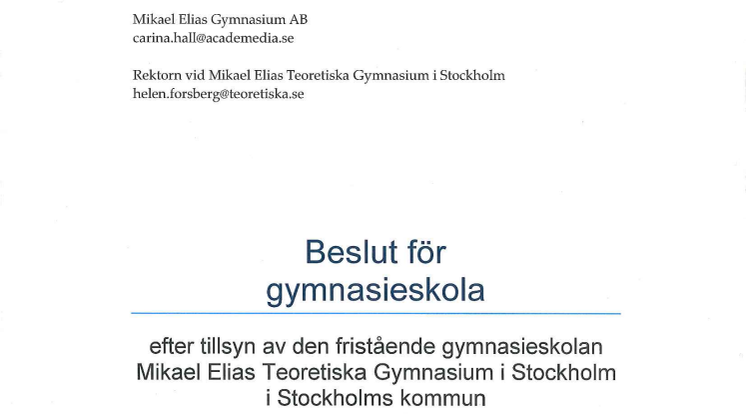Skolinspektionens tillsyn på Mikael Elias Gymnasium i Stockholm