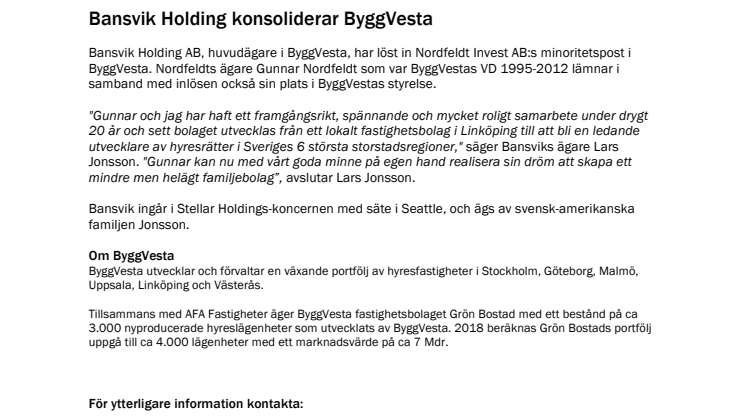 ​Bansvik Holding konsoliderar ByggVesta