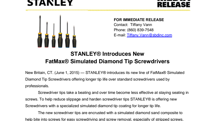 STANLEY® Introduces New  FatMax® Simulated Diamond Tip Screwdrivers
