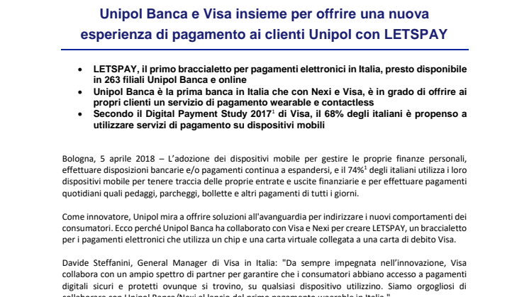 Unipol Banca e Visa insieme per offrire una nuova esperienza di pagamento ai clienti Unipol con LETSPAY