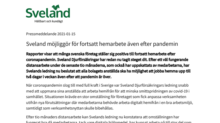 Sveland möjliggör för fortsatt hemarbete även efter pandemin