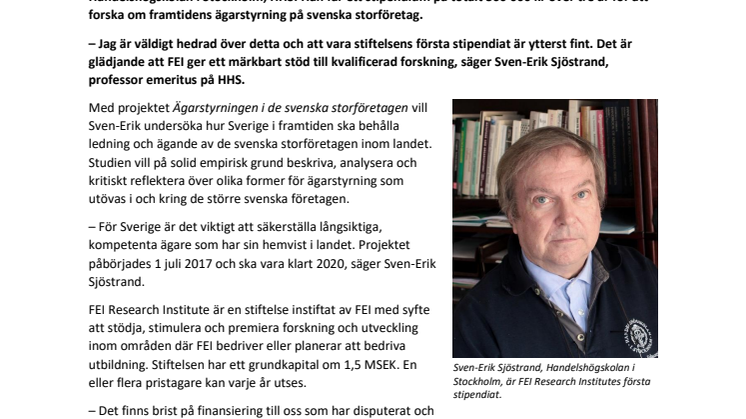 Sven-Erik Sjöstrand vid HHS får treårigt stipendium 