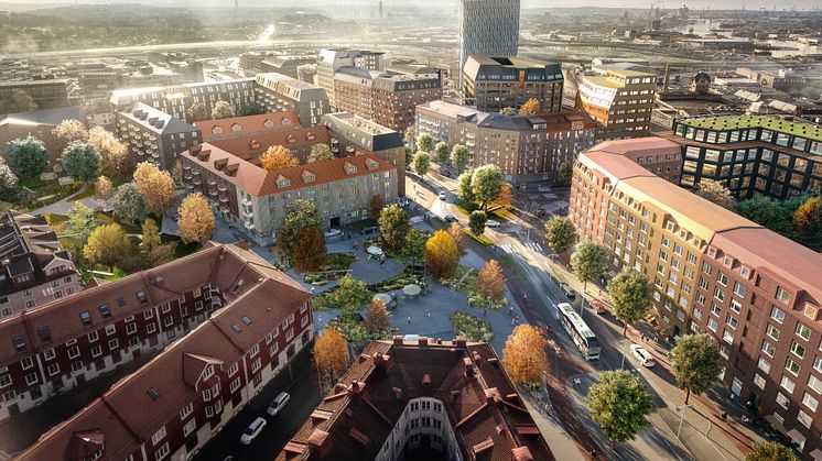 Visionsbild över Gamlestads torg i framtiden. Illustration: White arkitekter