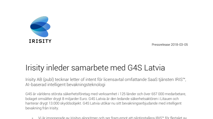 Irisity inleder samarbete med G4S Latvia