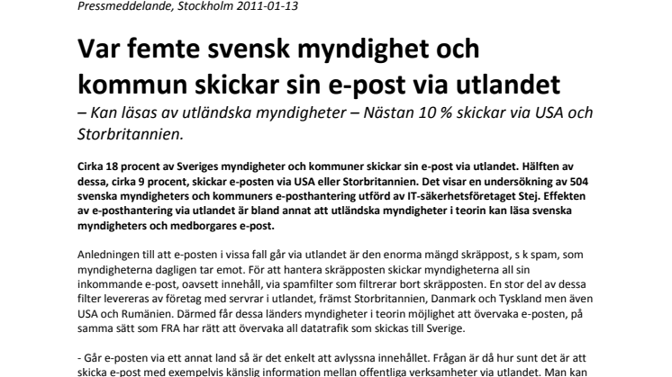 Var femte svensk myndighet och kommun skickar sin e-post via utlandet