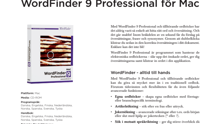 Produktblad WordFinder 9 Professional, Mac