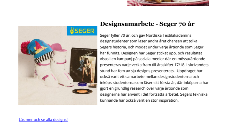 Nyhetsbrev december - Designsamarbete när Seger fyller 70 år
