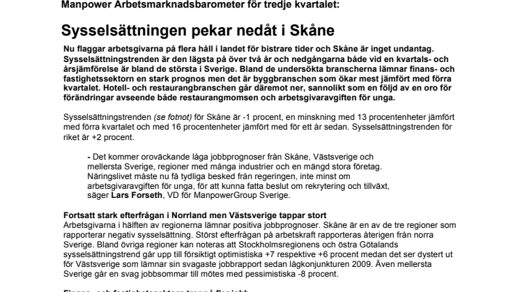 Sysselsättningen pekar nedåt i Skåne