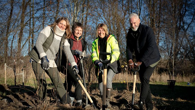 Fr v Johanna Karlén, trädgårdsingenjör, Karin Saler, odlare och arkitekt, Johanna Frelin, vd, Riksbyggen och Fredrik Kjos, (M) kommunstyrelsens ordförande Upplands-Bro kommun. Foto: Johanna Hanno