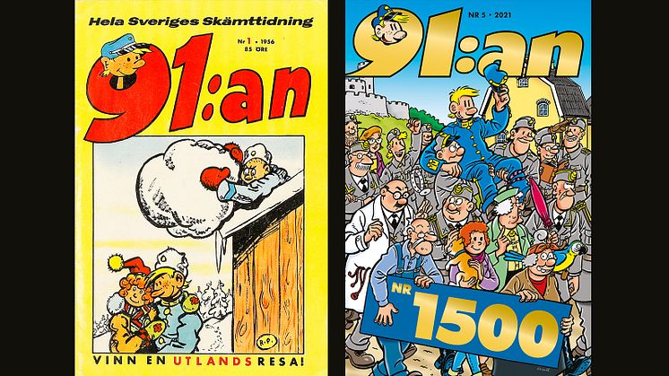 Från vänster: Omslag till 91:an nr 1, 1956. Från höger: Omslag till 91:an nr 1500, 2021.