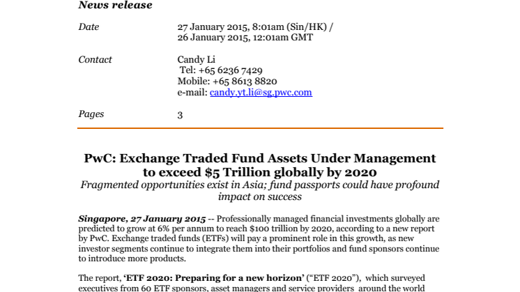 PwC: Exchange Traded Fund Assets Under Management to exceed $5 Trillion globally by 2020 