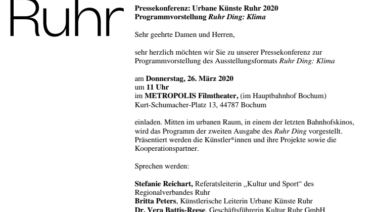 Ruhr Ding: Klima – Einladung zur Pressekonferenz am 26. März 2020