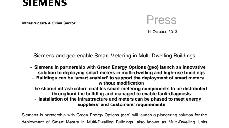 Siemens and geo enable Smart Metering in Multi-Dwelling Buildings