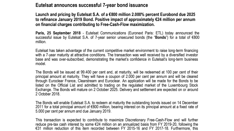 Eutelsat announces successful 7-year bond issuance