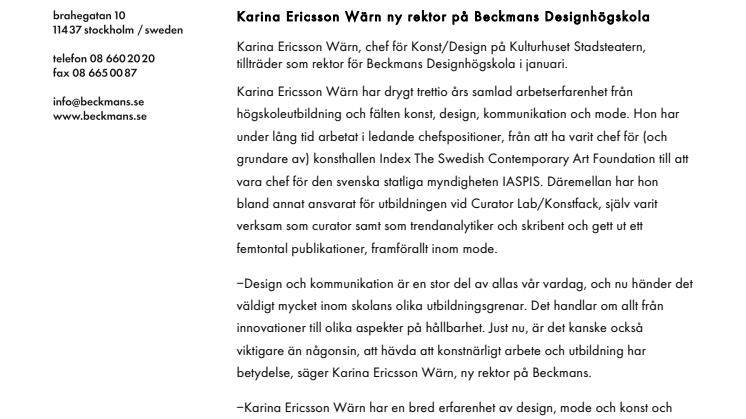 Karina Ericsson Wärn ny rektor på Beckmans Designhögskola