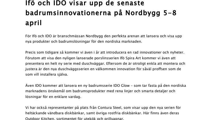 Ifö och IDO visar upp de senaste badrumsinnovationerna på Nordbygg 5-8 april