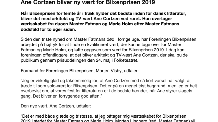 Ane Cortzen bliver ny vært for Blixenprisen 2019