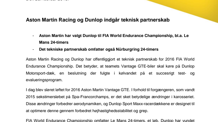 Aston Martin Racing og Dunlop indgår teknisk partnerskab