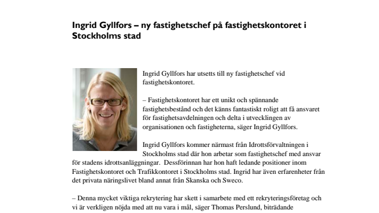 Ingrid Gyllfors – ny fastighetschef på fastighetskontoret i Stockholms stad 