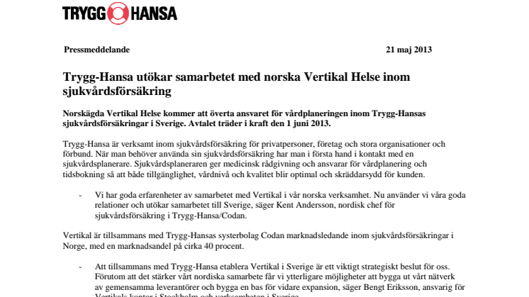 Trygg-Hansa utökar samarbetet med norska Vertikal Helse inom sjukvårdsförsäkring 