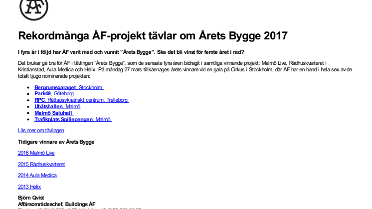 Rekordmånga ÅF-projekt tävlar om Årets Bygge 2017