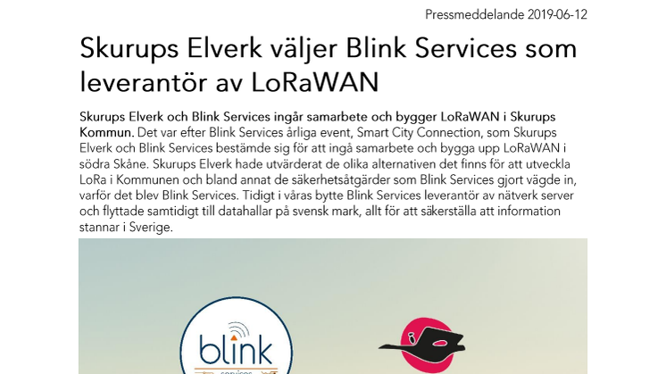 Skurups Elverk väljer Blink Services som leverantör av LoRaWAN