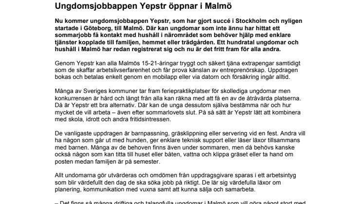 Ungdomsjobb-appen Yepstr öppnar i Malmö