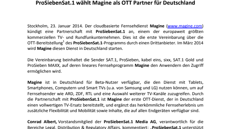 ProSiebenSat.1 wählt Magine als OTT Partner für Deutschland