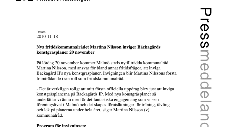 Nya fritidskommunalrådet Martina Nilsson inviger Bäckagårds konstgräsplaner 20 november